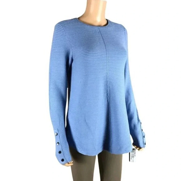 ALFANI Blue Long Sleeve Ribbed Swing Pullover Sweater w/Faux Buttons NWD P/L - Picture 1 of 7